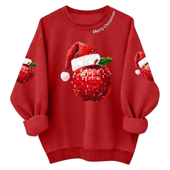 FYEGRE Women's Christmas Trees T Shirts-Long Sleeve Xmas Holiday Splicing Tops Red M