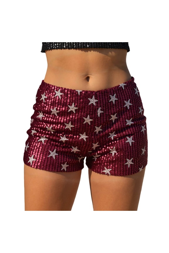 Women's Club Plus Size Star Sequin Sparkly Mini Shorts Low Waist Skinny Hot Pants Red L