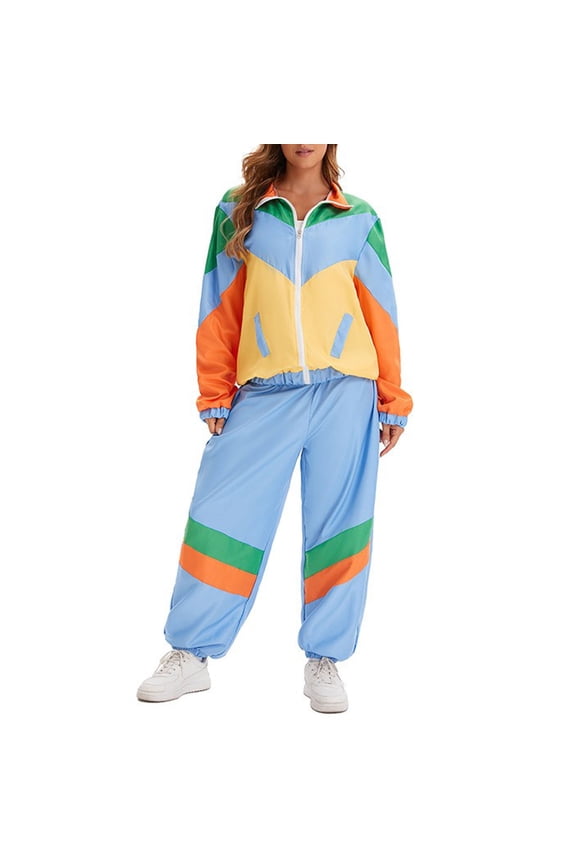 Women's Color Block 2 Piece 80s 90s Outfits Long Sleeve Windbreaker Jacket Tracksuit Set Multicolour S