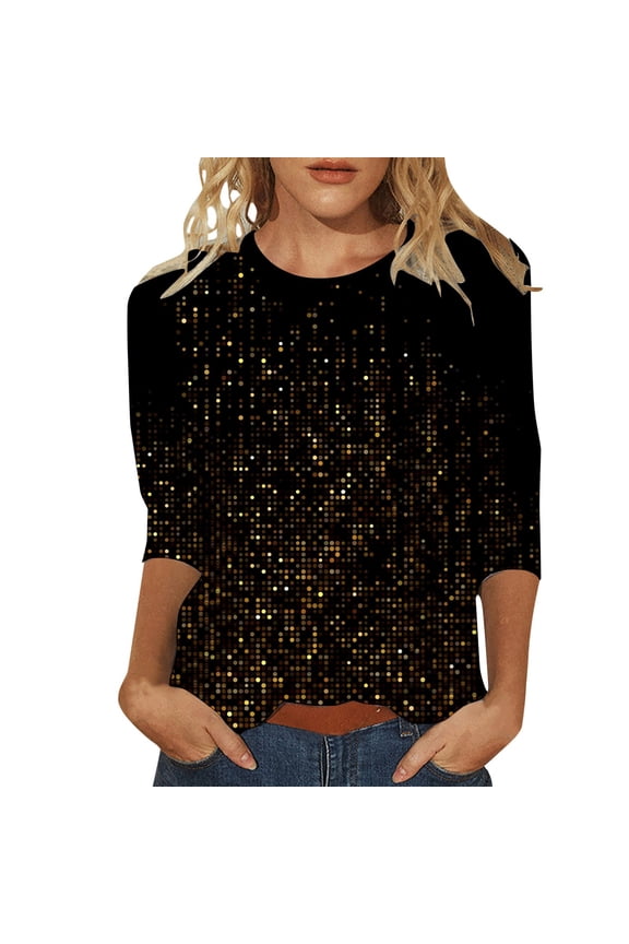 Women's Fashion Casual Sequin Print Three Quarter Sleeve Round Neck Comfortable T-Shirt Top Black XL