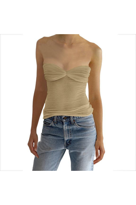 Women's Fashion Off Shoulder Long Sleeve Wrap Tube Top Slim Fit Elastic Backless Shirt Beige M
