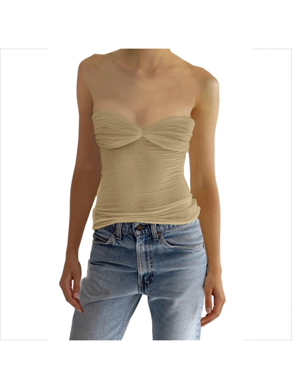 Women's Fashion Off Shoulder Long Sleeve Wrap Tube Top Slim Fit Elastic Backless Shirt Beige M