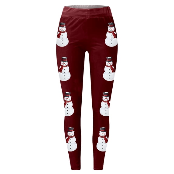 FYEGRE Women's Festive Snowman Print Athletic Leggings Stretch Yoga Pants for Fitness Training and Holiday Season Wear Red XL