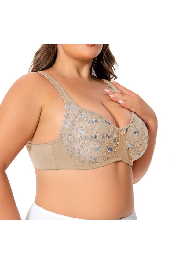 Women's Full Coverage Unlined Underwire Bra, Lace & Mesh See Through Bra, Plus Size Inspired Retro Bra Beige L