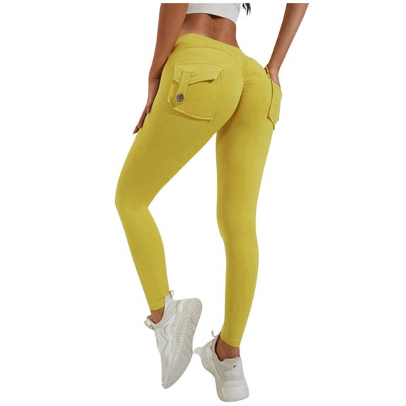FYEGRE Women's High Performance Workout Leggings with Cargo Pockets for Yoga Running and Gym Training Yellow S