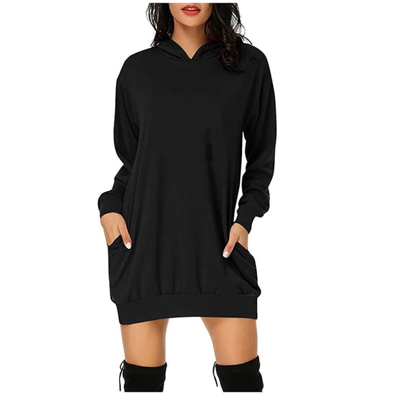 FYEGRE Women's Hoodie Fashionable Women Solid Hooded Sweater Dress with Long Sleeves and Functional Pockets for Casual Comfort and Style Black S