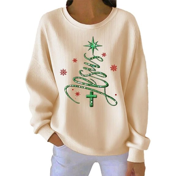 FYEGRE Women's Hoodless Pullover Soft Long Sleeve Crewneck Print Sweater Comfortable Winter Streetwear Fashion Holiday Outfit Beige M