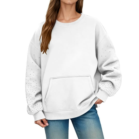 FYEGRE Women's Hoodless Solid Color Casual Pullover Sweater with Bling Rhinestone Design Soft Warm Lined Crewneck Long Sleeve Everyday Wear Fall Winter Fashion Outerwear White S