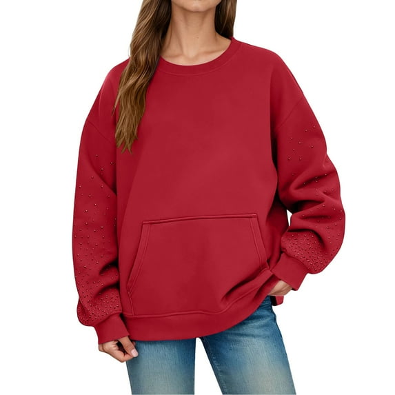 FYEGRE Women's Hoodless Solid Color Casual Pullover Sweater with Bling Rhinestone Design Soft Warm Lined Crewneck Long Sleeve Everyday Wear Fall Winter Fashion Outerwear Pink M
