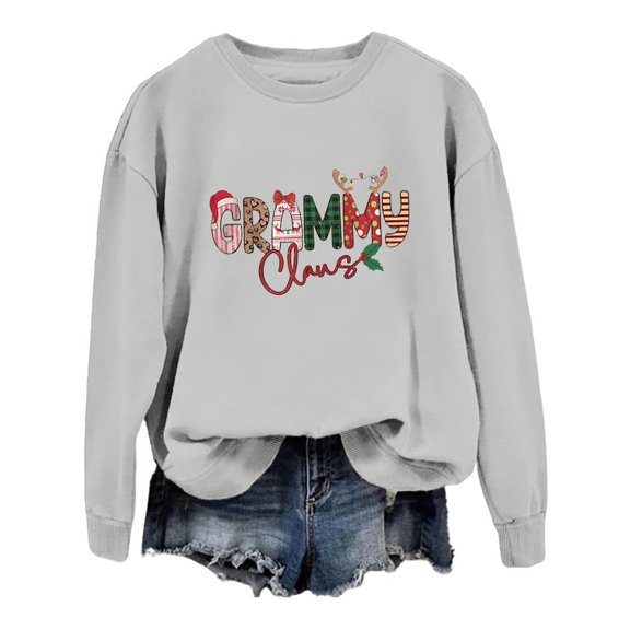 FYEGRE Women's Letter Print Crew Neck Sweatshirt, Winter Casual Loose Simple Hoodless Sweatshirt Grey XXL