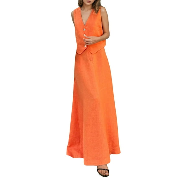 FYEGRE Women's Linen Midi Skirt Set Casual Summer Boho Outfit Women's 2 Piece Sets Summer Linen Flared Maxi Skirts Vest Suit Waistcoat Casual Vacation Dresses Outfits Orange L