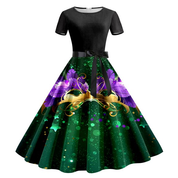 FYEGRE Women’s Long Sleeve A-Line Dress – Printed Bowknot Cross Midi Dress with Celestial, Gothic, or Holiday Patterns Grey XXL