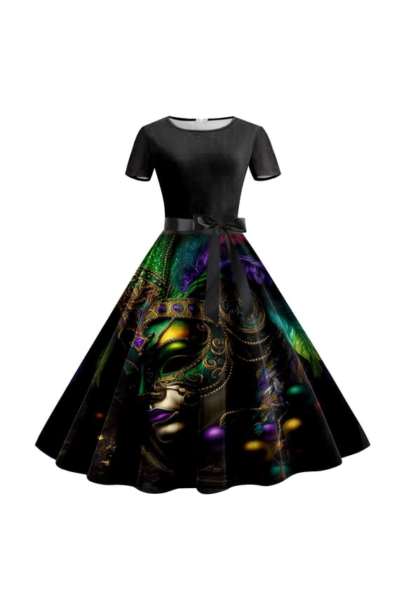 Women’s Long Sleeve A-Line Dress – Printed Bowknot Cross Midi Dress with Celestial, Gothic, or Holiday Patterns Pink M