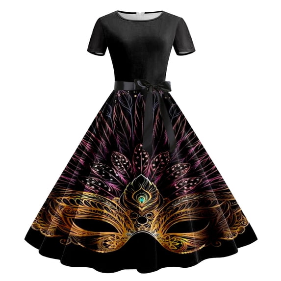FYEGRE Women’s Long Sleeve A-Line Dress – Printed Bowknot Cross Midi Dress with Celestial, Gothic, or Holiday Patterns Purple S