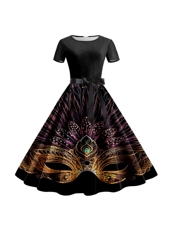 Women’s Long Sleeve A-Line Dress – Printed Bowknot Cross Midi Dress with Celestial, Gothic, or Holiday Patterns Purple XXL