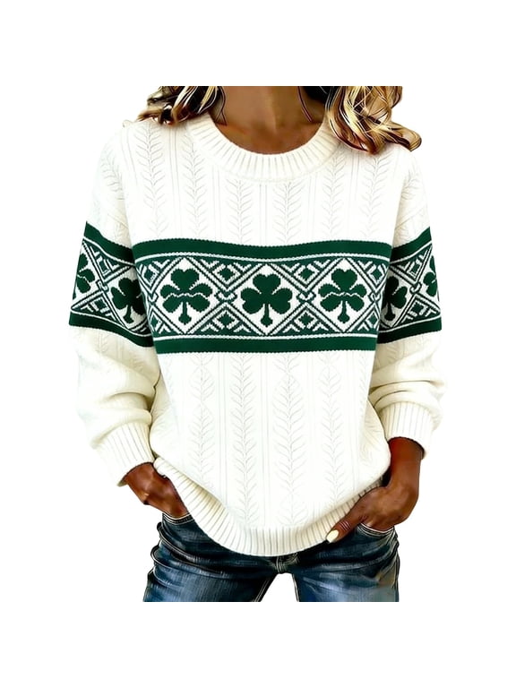 Women's St. Patrick's Day Sweater Oversized Knit Pullover Sweater Soft Loose Fit Cozy Casual Long Sleeve Crewneck Top For Winter White XXXXL