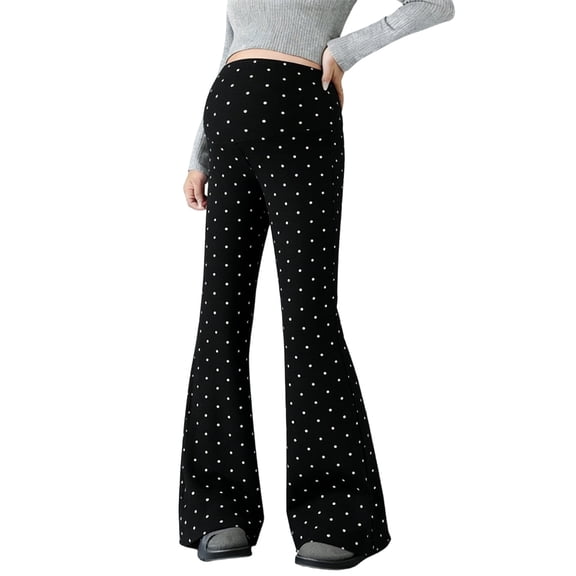 FYEGRE Women's Polka Pattern Plus Size Maternity Flare Pants, Lounge Casual Pajamas Pants, Stretchy Bootcut Pregnancy Pants Black L