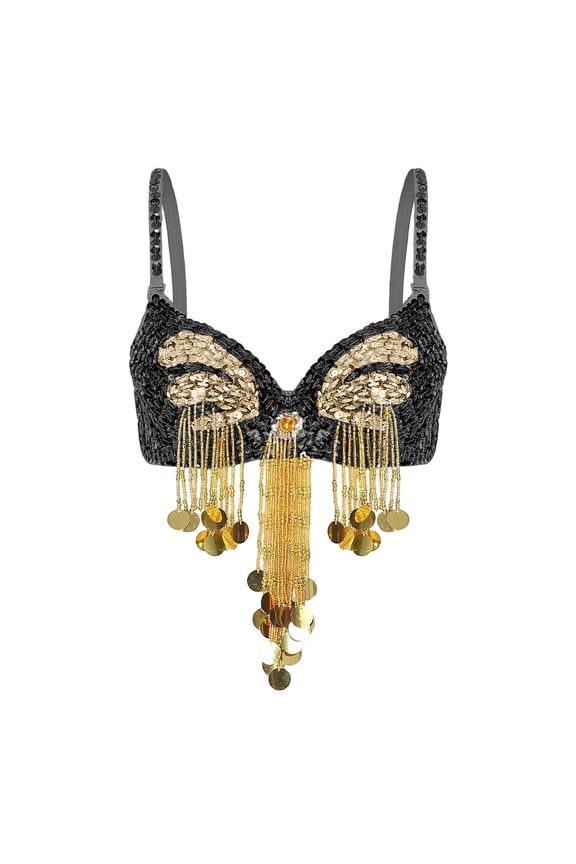 Women's Sequin Fringe Belly Dance Top Sparkly Crop Tank Top Tribal Belly Dance Black One Size