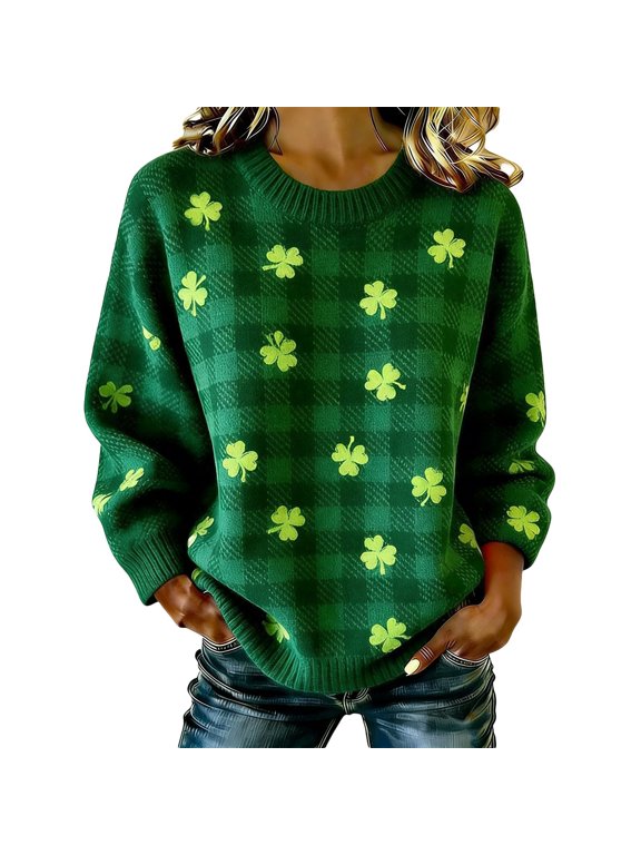 Women's Shamrock St. Patrick's Day Sweater Oversized Knit Pullover Sweater Soft Loose Fit Casual Long Sleeve Crewneck Top Cozy Winter Fall Dark Green XXXXXL