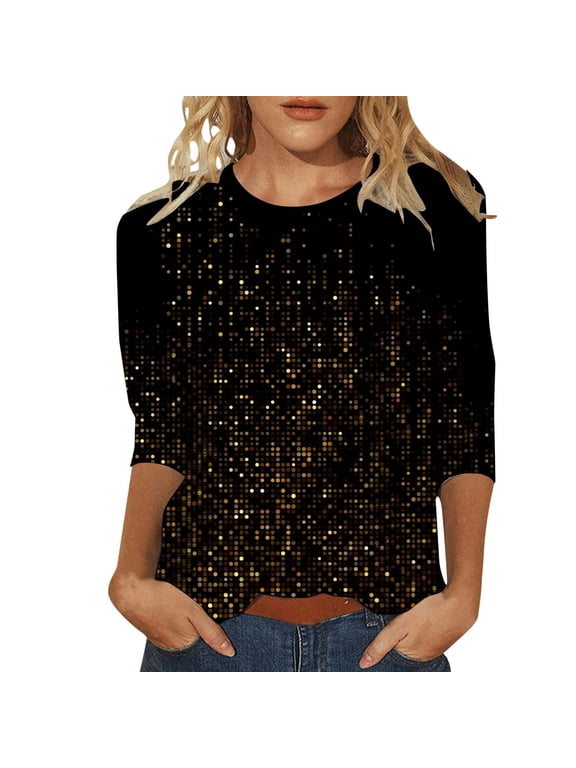 Women's Shiny Top 3/4 Sleeve Shimmer Glitter Sparkly Blouse for Party Evening Shirt Comfortable Top Black S