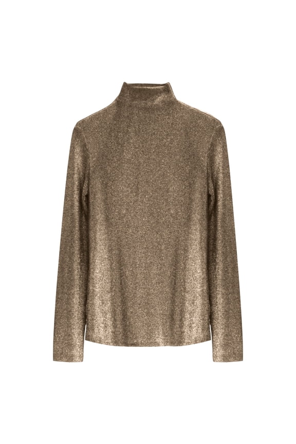 Women's Slim Fit Long Sleeve Sequin Turtleneck Sparkle Tee Glitter Blouse Tops Gold XXXL