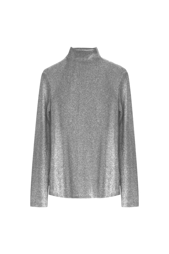 Women's Slim Fit Long Sleeve Sequin Turtleneck Sparkle Tee Glitter Blouse Tops Silver XXL