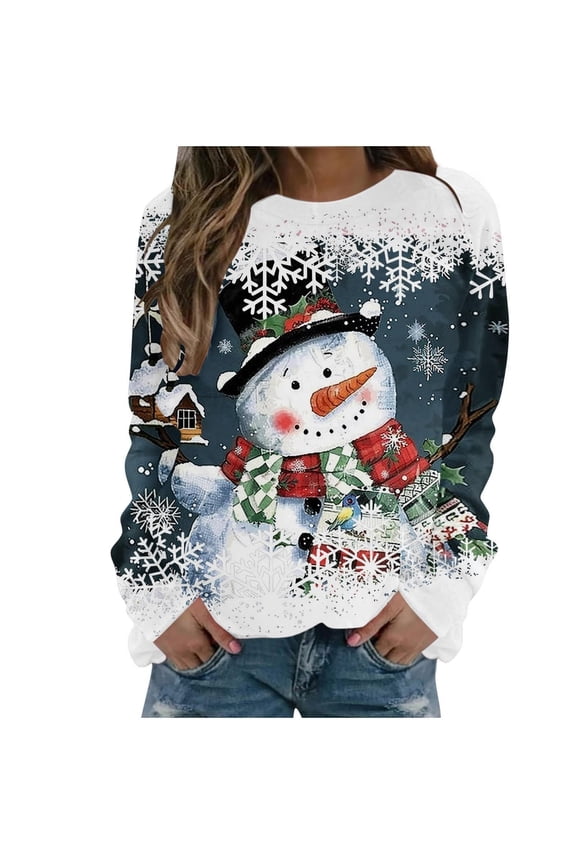 Women's Snowman Snowflake Print Crewneck Sweater Long Sleeve Loose Fit Pullover Top Soft Warm Winter Holiday Festive Casual Apparel For Daily Wear Sky Blue XL