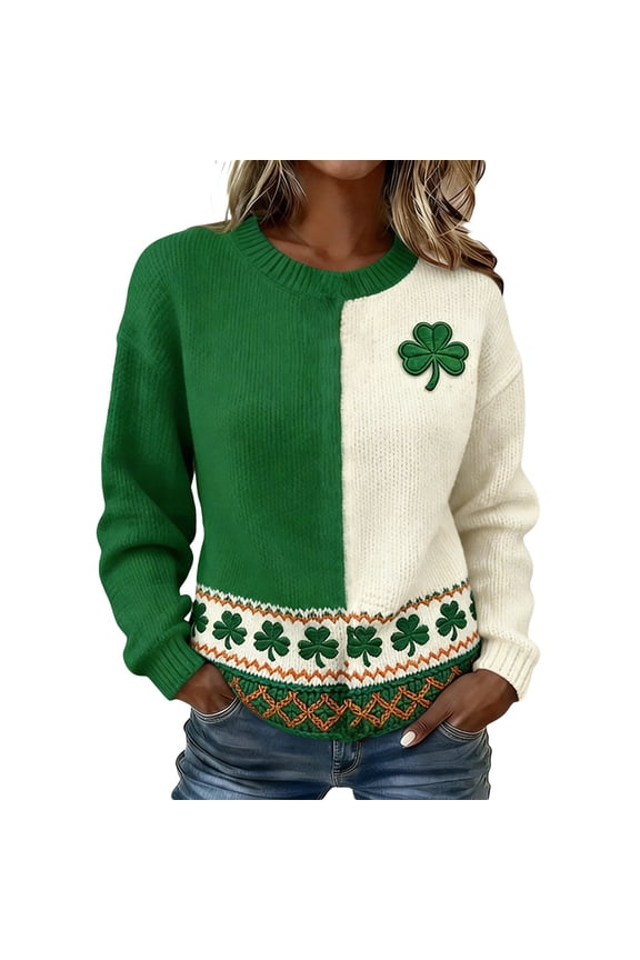 Women's St. Patrick's Day Jumper Pullover Oversized Knit Pullover Sweater Soft Loose Fit Casual Long Sleeve Crewneck Top Cozy Winter Fall Yarn Dark Green S