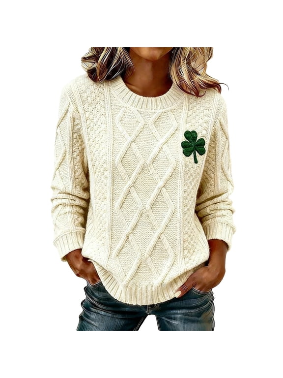 Women's St. Patrick's Day Knitted Jumper Oversized Knit Pullover Sweater Soft Cozy Yarn Long Sleeve Crewneck Casual Loose Fit Winter Fall Top Beige XXXXXL