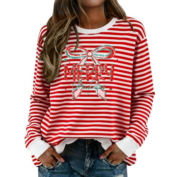 FYEGRE Women's Striped Crewneck Pullover Sweatshirt Long Sleeve Casual Comfortable Soft Fashion Everyday Wear Versatile Tunic Top Loungewear Classic Fit Red XL