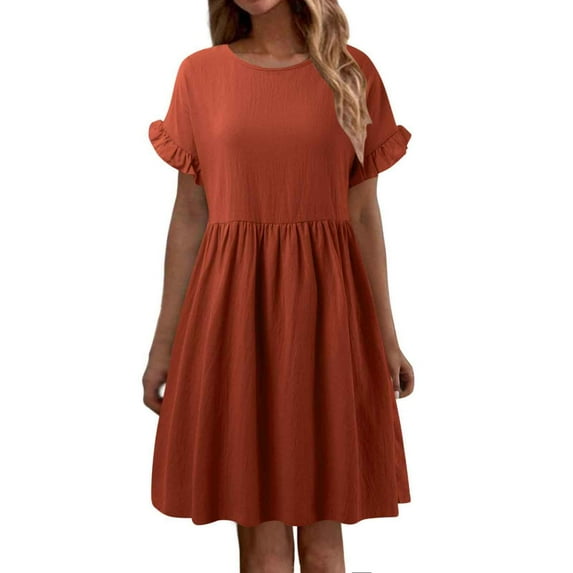 FYEGRE Women's Summer Casual Flutter Sleeve Tiered Dresses Crew Neck Smocked Elastic Waist Flowy Mini Dress Red S
