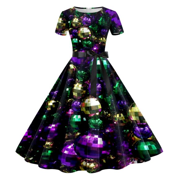 FYEGRE Women's Sun Moon Star Galaxy Dress Short Sleeve High Waisted Belted A-Line Midi Dress Yellow XL