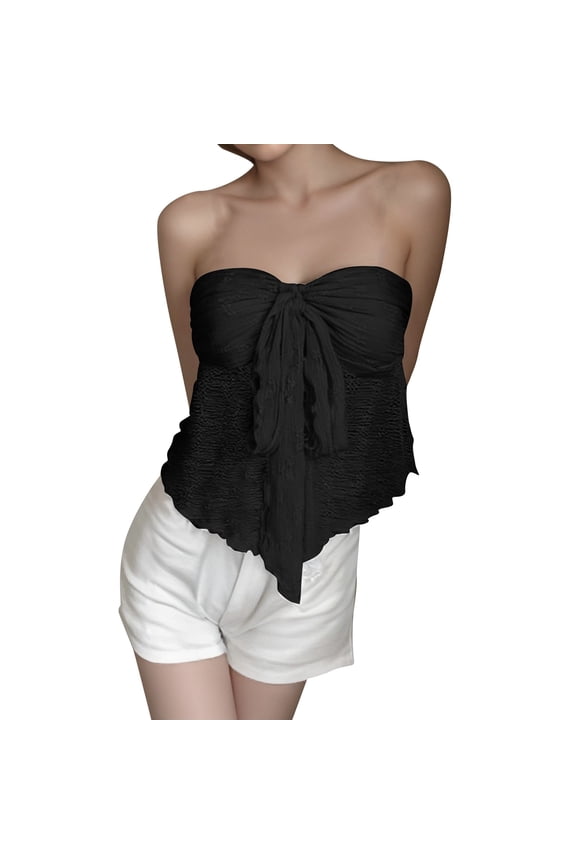 Women's Tie Front Frill Trim Tube Top Strapless Asymmetrical Going Out Tops Black M