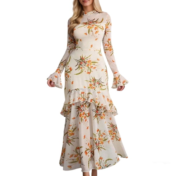 FYEGRE Women's Versatile Sheer Mesh Maxi Dress, Long Bell Sleeve Neck Evening Gown with Layered Ruffled Hem for Wedding, Party & Daily Formal Wear Beige L