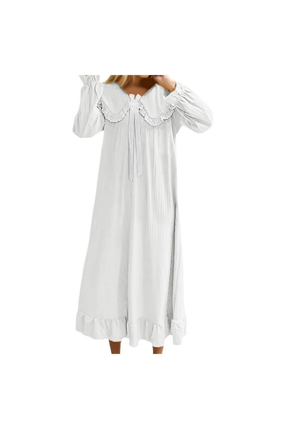 Women's Victorian Soft Long Sleeve Nightgown, Loose Princess Nightdress Sleepwear Pajamas Long Nightgowns for Women with Decorative Bow and Lace Trim White 160
