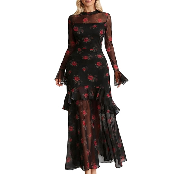 FYEGRE Women's Vintage-Inspired Sheer Mesh Maxi Dress, Long Bell Sleeve Neck Evening Gown with Layered Ruffled Hem, Retro Formal Dress for Party & Evening Events Red L
