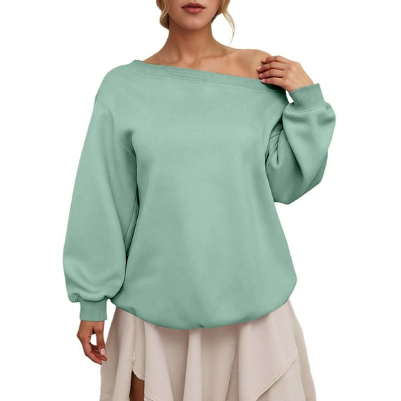 FYEGRE Womens Fleece Lined Sweatshirt Off Shoulder Long Sleeve Pullover Top Oversized Shirt Basic Slouchy Clothes Green XL