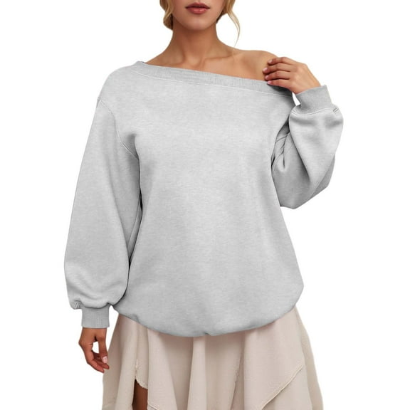 FYEGRE Womens Fleece Lined Sweatshirt Off Shoulder Long Sleeve Pullover Top Oversized Shirt Basic Slouchy Clothes Light Gray S