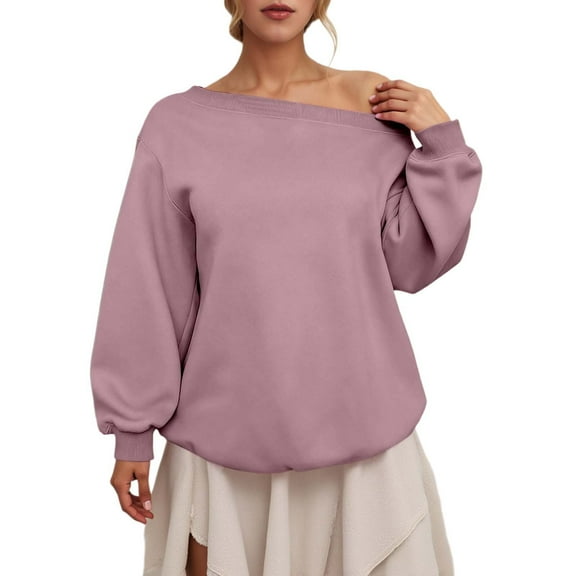 FYEGRE Womens Fleece Lined Sweatshirt Off Shoulder Long Sleeve Pullover Top Oversized Shirt Basic Slouchy Clothes Light Purple XL