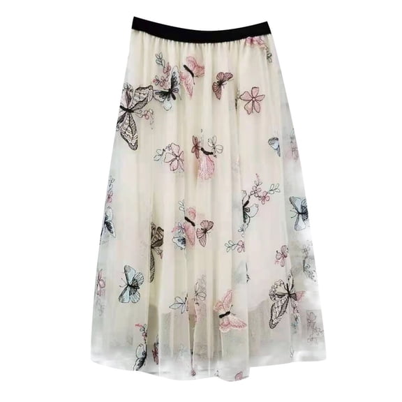 FYEGRE Womens Floral Midi Skirt High Waisted A Line Cute Layered Fairy Mesh Tulle Pleated Skirt Beige One Size