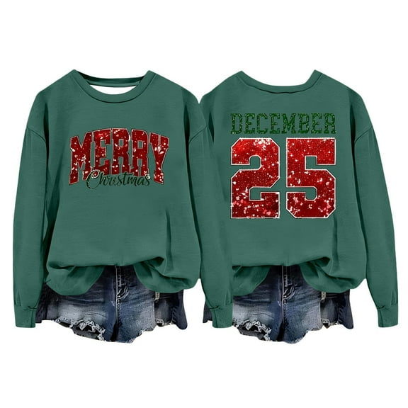 FYEGRE Womens Oversized Crewneck Sweatshirt Pullover Long Sleeve Tops with Christmas Graphic Print Holiday Casual Fashion Dark Green XXL