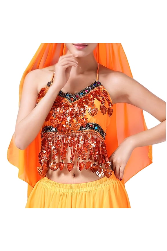 Wuchieal Sequin Halter Bra Tops Salsa Belly Dance Boho Festival Clubbing Tribal Bra Gold Shell Top Orange One Size