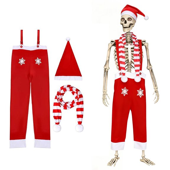 FYHALE 12 Foot Skeleton Christmas Outfits Scarf and Santa Hat with DrawstringAdhesive for Heavy Secure 12 FT Skeleton Accessories for Christmas Decorations 3PCS
