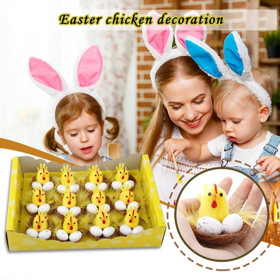 FYHALE 12pcs Easter Decorations, Yellow Chick with Eggs Realistic Chick Figurines for Home Holiday Parties Decorations, Decorative Farm Animals as Farmhouse Easter Decor
