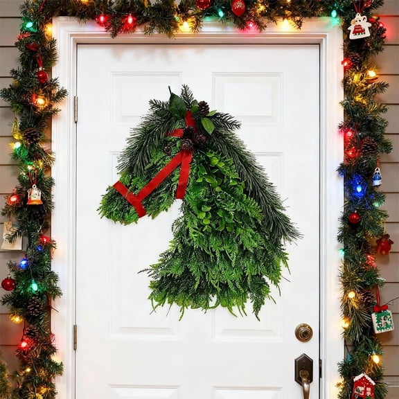 FYHALE 13 * 16 Inch Horse Head Wreath, Horse Head Wire Wreath Rustic Farmhouse Equestrian Door Decor, for Front Door, Barn, Porch Holiday Home Decoration, Christmas Gifts