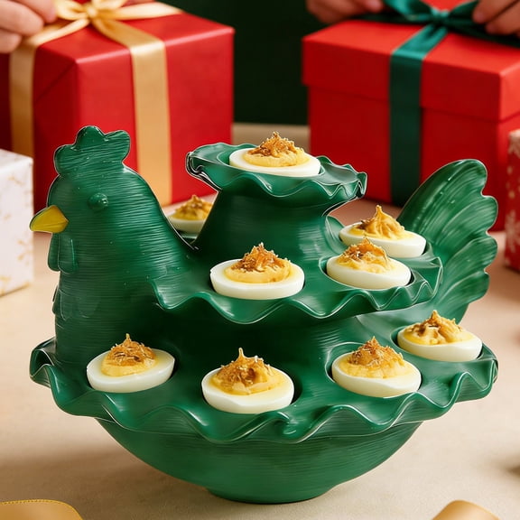 FYHALE 2026 New Chicken Deviled Egg Platte, 3 Tier Eviled Egg Easter Chicken Decoration Tray, Reusable Holiday Deviled Oval Tray, Green Chicken-Shaped Plastic Eggs Holder for Party Tableware