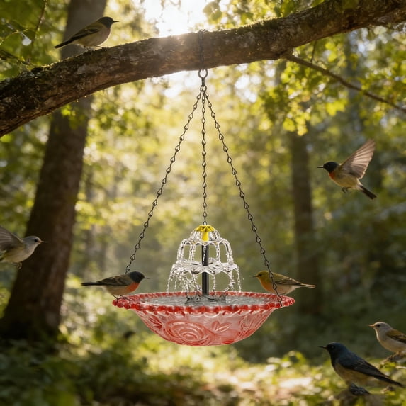 FYHALE 2026 Solar Cascade Hanging Bird Bath, Outdoor Hanging Hummingbirds Feeder and Bird Bath, Bird Bath Bowl with Solar Fountain, 18", Pink