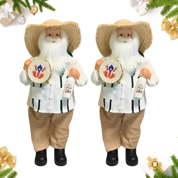 FYHALE 2Pcs Puerto Rican Santa Claus, 13 Inch Puerto Rican Santa Figurines with Straw Hat, Puerto Rico Frog Tambourin & Bottle, Puerto Rico Christmas Decorations for Living Room Beadroom