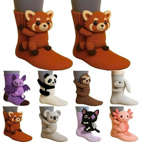 FYHALE 3D Knit Animal Socks, Animal Socks Hand Crocheted, Double-layer Cotton, Warm Embrace Socks, Novelty Animal Hug Sock