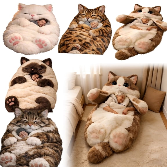 FYHALE Adult Cat Themed Envelope Sleeping Bag, Soft Washable Sleeping Bag for Lounging, Camping, and Indoor Use, Fluffy Cat Sleeping Bag, 68.9"x31.5"